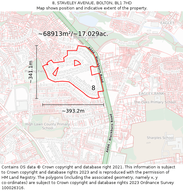 8, STAVELEY AVENUE, BOLTON, BL1 7HD: Plot and title map