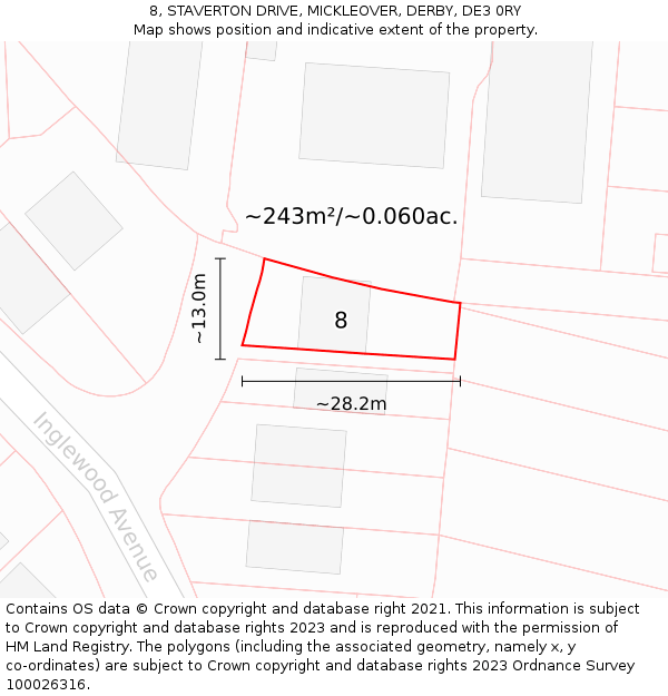 8, STAVERTON DRIVE, MICKLEOVER, DERBY, DE3 0RY: Plot and title map