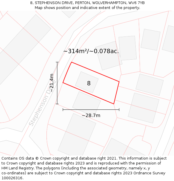 8, STEPHENSON DRIVE, PERTON, WOLVERHAMPTON, WV6 7YB: Plot and title map