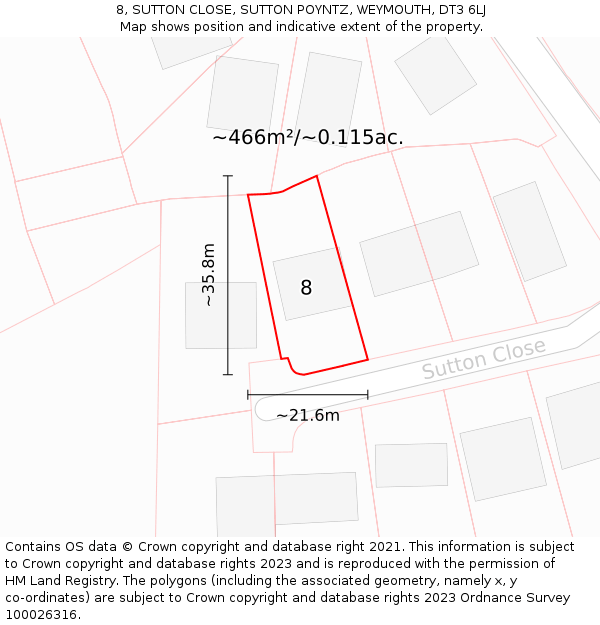 8, SUTTON CLOSE, SUTTON POYNTZ, WEYMOUTH, DT3 6LJ: Plot and title map