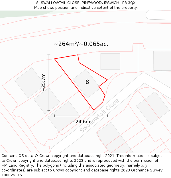 8, SWALLOWTAIL CLOSE, PINEWOOD, IPSWICH, IP8 3QX: Plot and title map