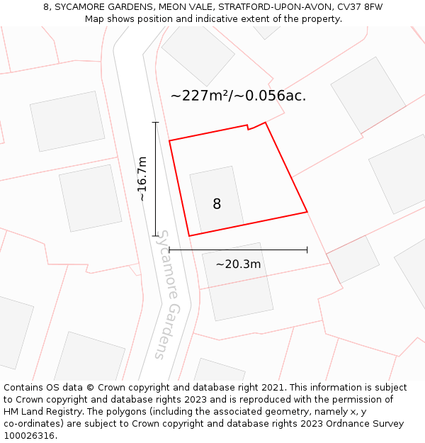 8, SYCAMORE GARDENS, MEON VALE, STRATFORD-UPON-AVON, CV37 8FW: Plot and title map