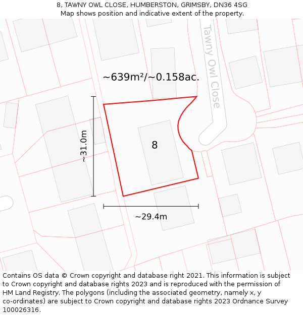 8, TAWNY OWL CLOSE, HUMBERSTON, GRIMSBY, DN36 4SG: Plot and title map