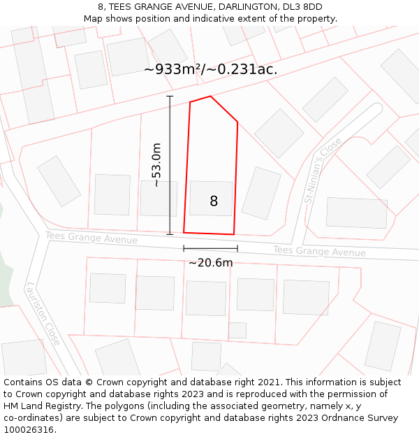 8, TEES GRANGE AVENUE, DARLINGTON, DL3 8DD: Plot and title map