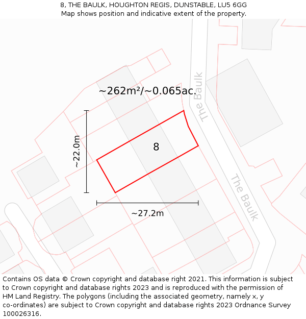 8, THE BAULK, HOUGHTON REGIS, DUNSTABLE, LU5 6GG: Plot and title map