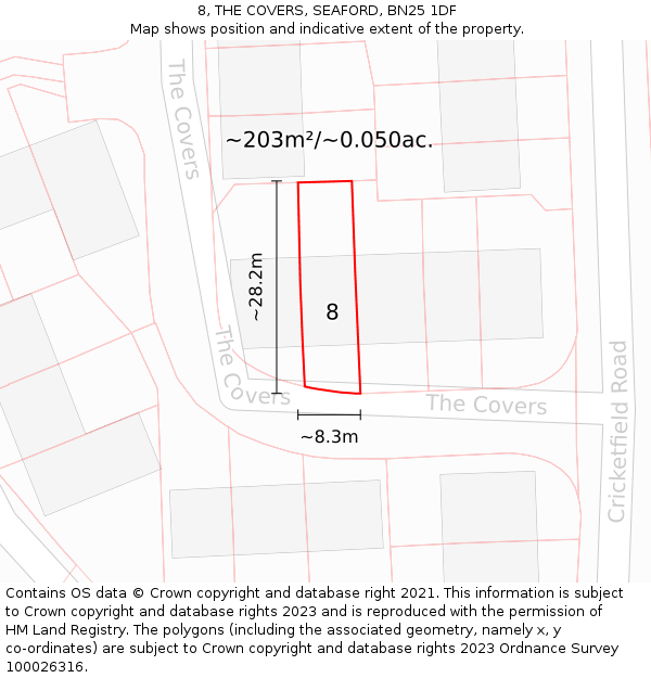 8, THE COVERS, SEAFORD, BN25 1DF: Plot and title map