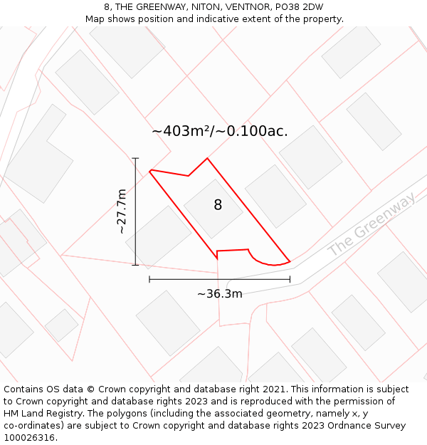 8, THE GREENWAY, NITON, VENTNOR, PO38 2DW: Plot and title map