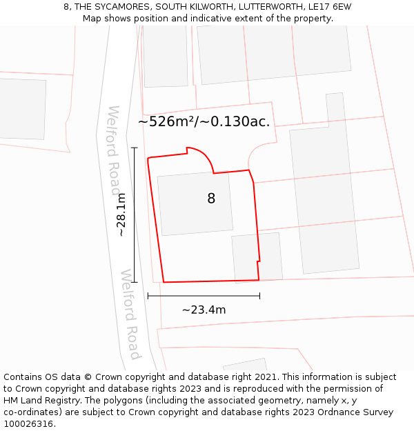 8, THE SYCAMORES, SOUTH KILWORTH, LUTTERWORTH, LE17 6EW: Plot and title map