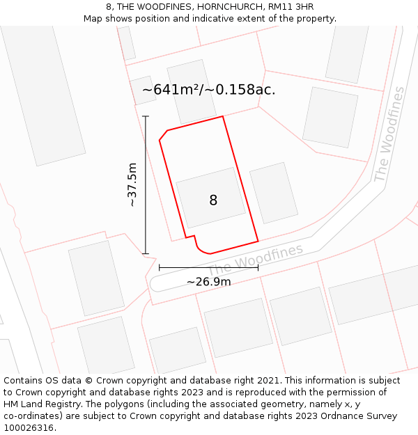 8, THE WOODFINES, HORNCHURCH, RM11 3HR: Plot and title map