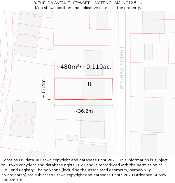 8, THELDA AVENUE, KEYWORTH, NOTTINGHAM, NG12 5HU: Plot and title map