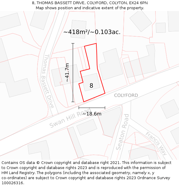 8, THOMAS BASSETT DRIVE, COLYFORD, COLYTON, EX24 6PN: Plot and title map