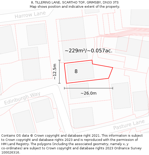 8, TILLERING LANE, SCARTHO TOP, GRIMSBY, DN33 3TS: Plot and title map