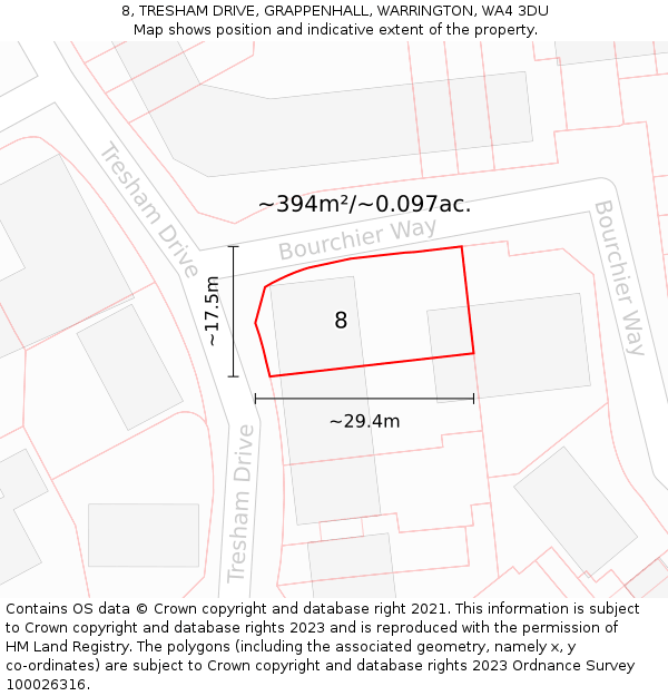 8, TRESHAM DRIVE, GRAPPENHALL, WARRINGTON, WA4 3DU: Plot and title map