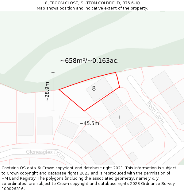 8, TROON CLOSE, SUTTON COLDFIELD, B75 6UQ: Plot and title map