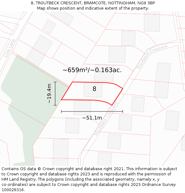 8, TROUTBECK CRESCENT, BRAMCOTE, NOTTINGHAM, NG9 3BP: Plot and title map