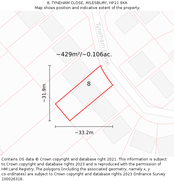 8, TYNEHAM CLOSE, AYLESBURY, HP21 9XA: Plot and title map