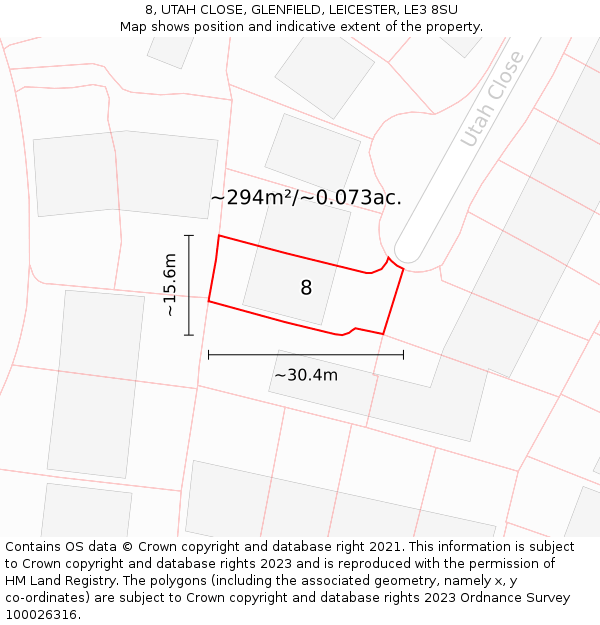 8, UTAH CLOSE, GLENFIELD, LEICESTER, LE3 8SU: Plot and title map