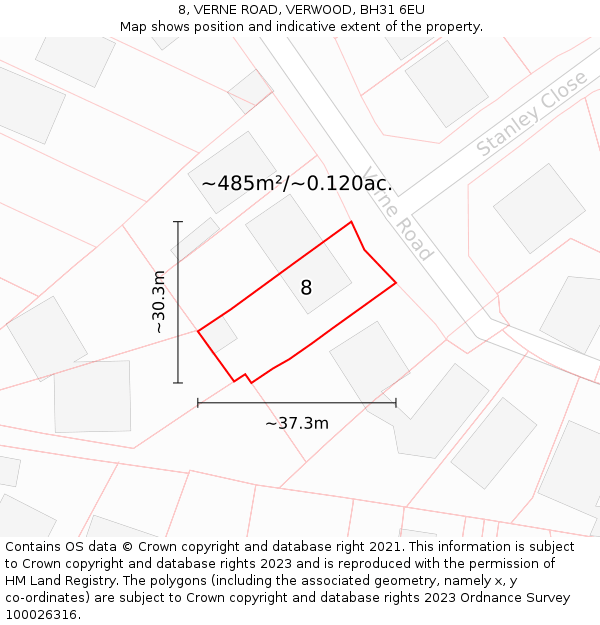 8, VERNE ROAD, VERWOOD, BH31 6EU: Plot and title map