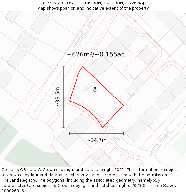 8, VESTA CLOSE, BLUNSDON, SWINDON, SN26 8AJ: Plot and title map