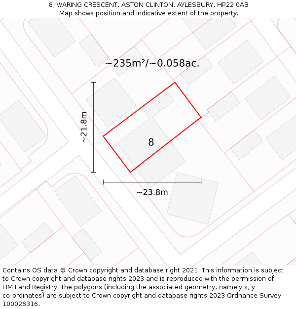 8, WARING CRESCENT, ASTON CLINTON, AYLESBURY, HP22 0AB: Plot and title map