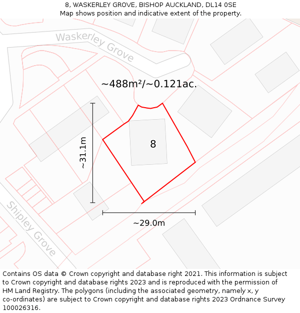 8, WASKERLEY GROVE, BISHOP AUCKLAND, DL14 0SE: Plot and title map