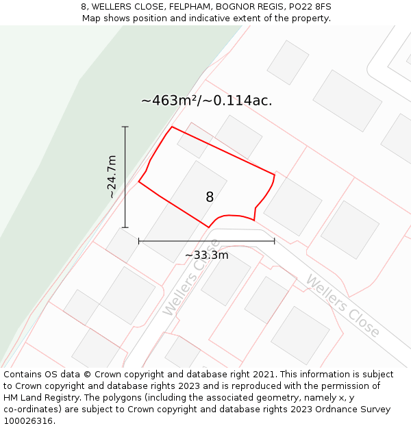 8, WELLERS CLOSE, FELPHAM, BOGNOR REGIS, PO22 8FS: Plot and title map