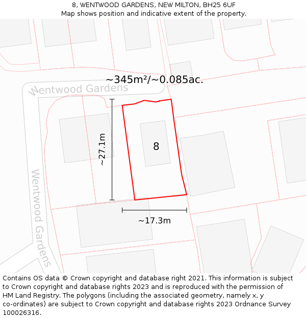 8, WENTWOOD GARDENS, NEW MILTON, BH25 6UF: Plot and title map