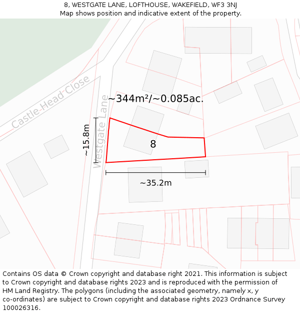 8, WESTGATE LANE, LOFTHOUSE, WAKEFIELD, WF3 3NJ: Plot and title map