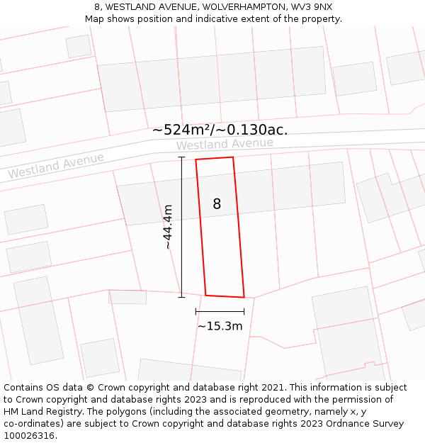 8, WESTLAND AVENUE, WOLVERHAMPTON, WV3 9NX: Plot and title map