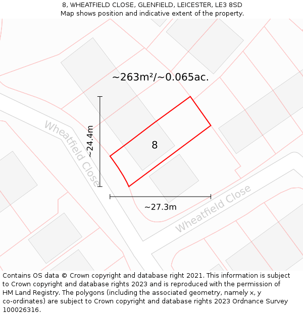 8, WHEATFIELD CLOSE, GLENFIELD, LEICESTER, LE3 8SD: Plot and title map