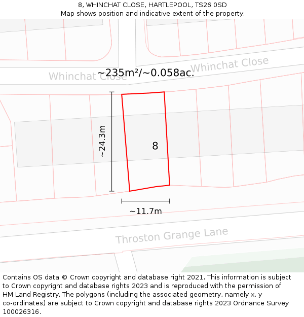 8, WHINCHAT CLOSE, HARTLEPOOL, TS26 0SD: Plot and title map