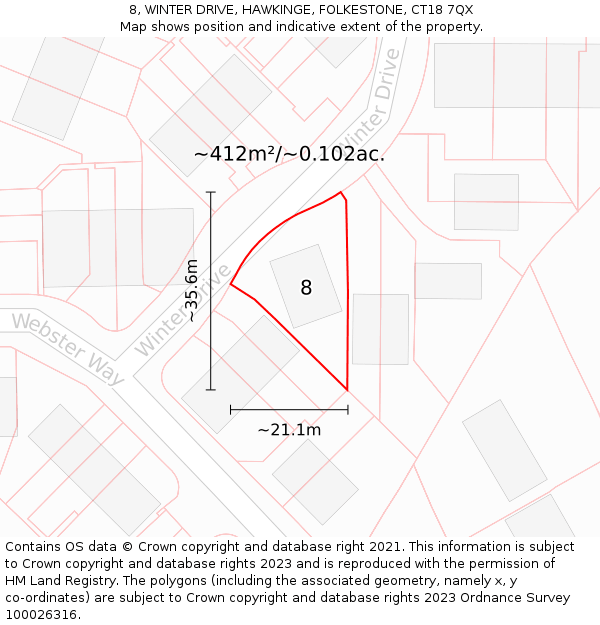 8, WINTER DRIVE, HAWKINGE, FOLKESTONE, CT18 7QX: Plot and title map
