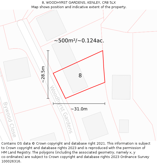 8, WOODHYRST GARDENS, KENLEY, CR8 5LX: Plot and title map