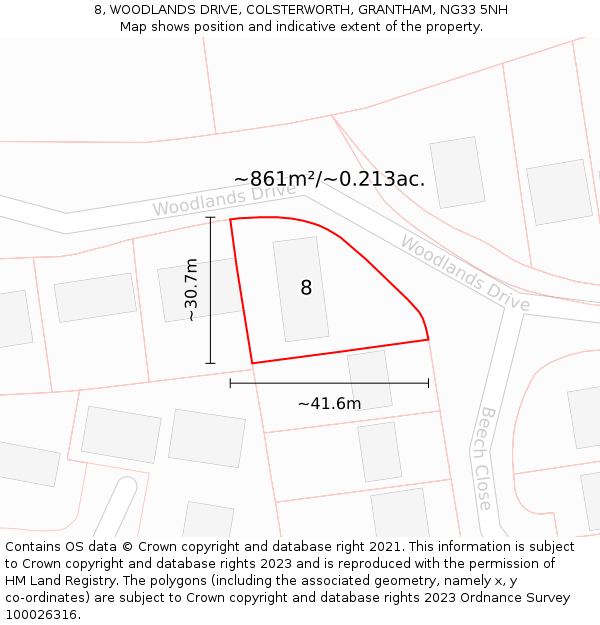 8, WOODLANDS DRIVE, COLSTERWORTH, GRANTHAM, NG33 5NH: Plot and title map