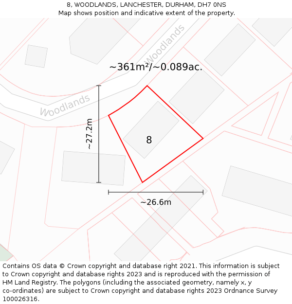 8, WOODLANDS, LANCHESTER, DURHAM, DH7 0NS: Plot and title map