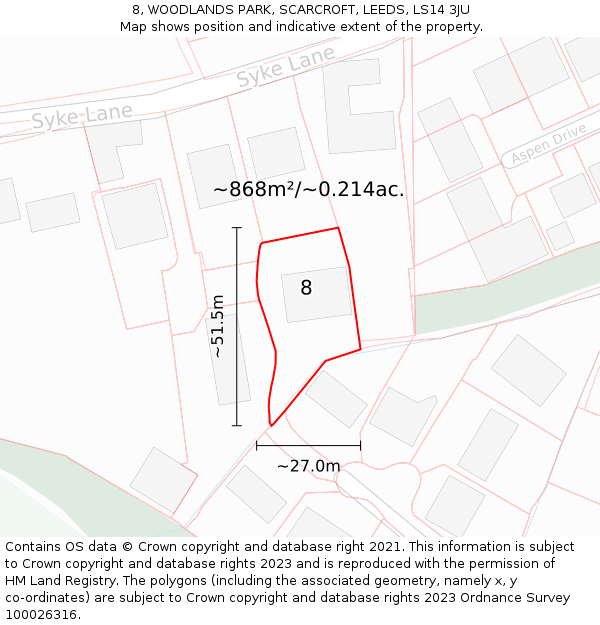 8, WOODLANDS PARK, SCARCROFT, LEEDS, LS14 3JU: Plot and title map