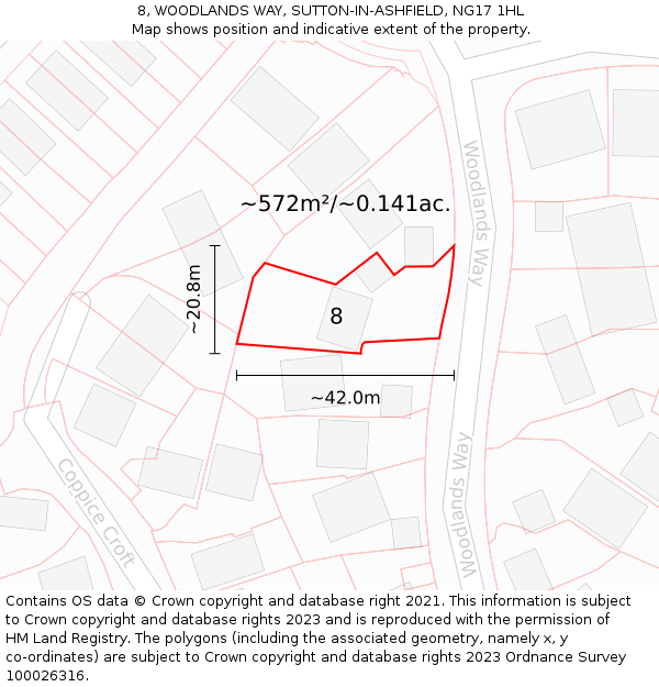 8, WOODLANDS WAY, SUTTON-IN-ASHFIELD, NG17 1HL: Plot and title map