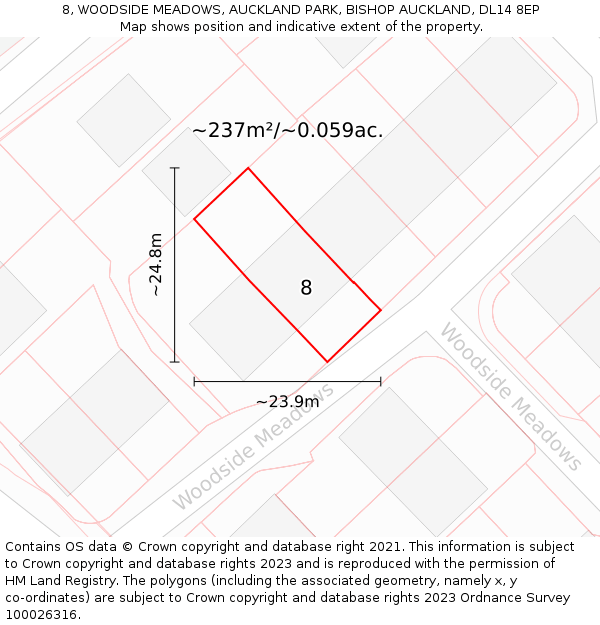 8, WOODSIDE MEADOWS, AUCKLAND PARK, BISHOP AUCKLAND, DL14 8EP: Plot and title map