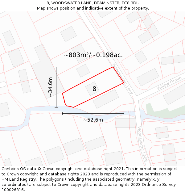 8, WOODSWATER LANE, BEAMINSTER, DT8 3DU: Plot and title map