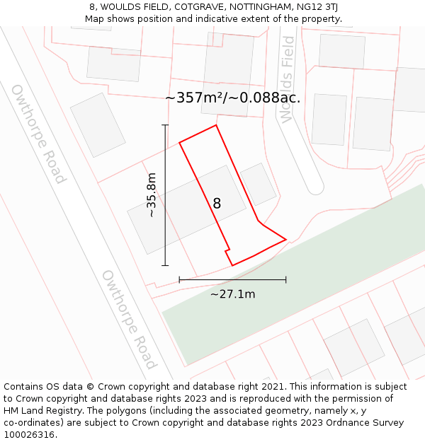 8, WOULDS FIELD, COTGRAVE, NOTTINGHAM, NG12 3TJ: Plot and title map