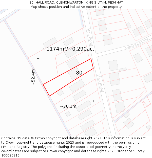 80, HALL ROAD, CLENCHWARTON, KING'S LYNN, PE34 4AT: Plot and title map