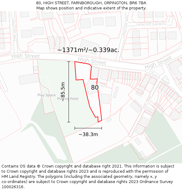 80, HIGH STREET, FARNBOROUGH, ORPINGTON, BR6 7BA: Plot and title map