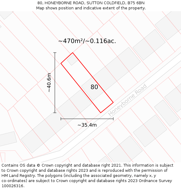 80, HONEYBORNE ROAD, SUTTON COLDFIELD, B75 6BN: Plot and title map