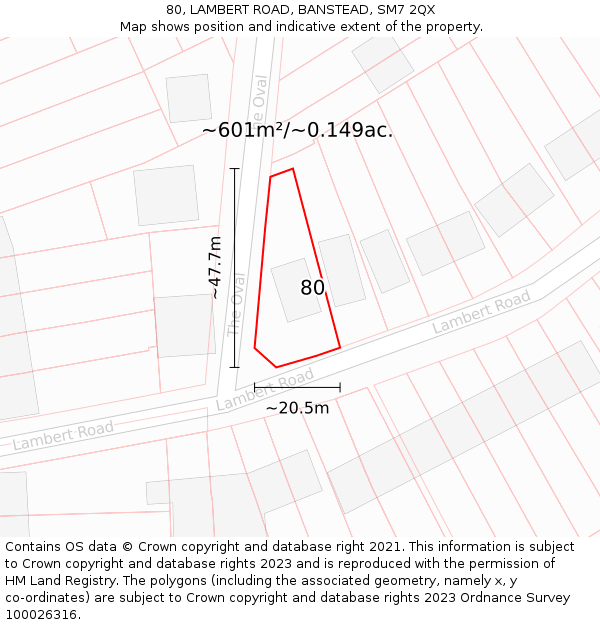 80, LAMBERT ROAD, BANSTEAD, SM7 2QX: Plot and title map