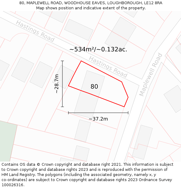 80, MAPLEWELL ROAD, WOODHOUSE EAVES, LOUGHBOROUGH, LE12 8RA: Plot and title map