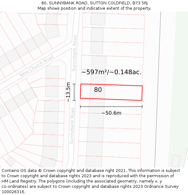 80, SUNNYBANK ROAD, SUTTON COLDFIELD, B73 5RJ: Plot and title map