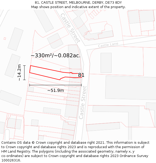 81, CASTLE STREET, MELBOURNE, DERBY, DE73 8DY: Plot and title map