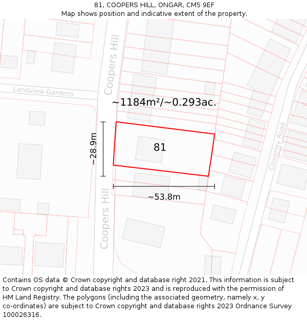 81, COOPERS HILL, ONGAR, CM5 9EF: Plot and title map