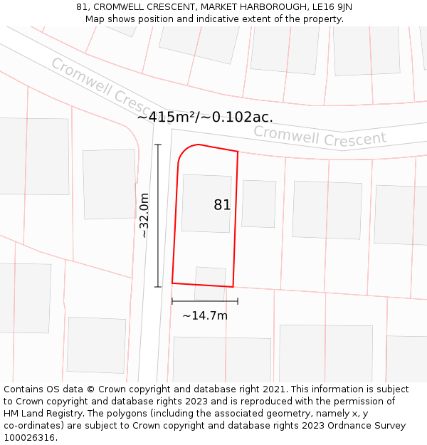 81, CROMWELL CRESCENT, MARKET HARBOROUGH, LE16 9JN: Plot and title map