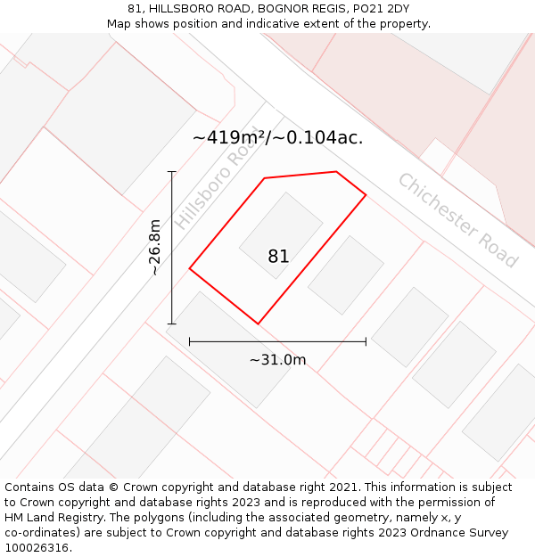 81, HILLSBORO ROAD, BOGNOR REGIS, PO21 2DY: Plot and title map